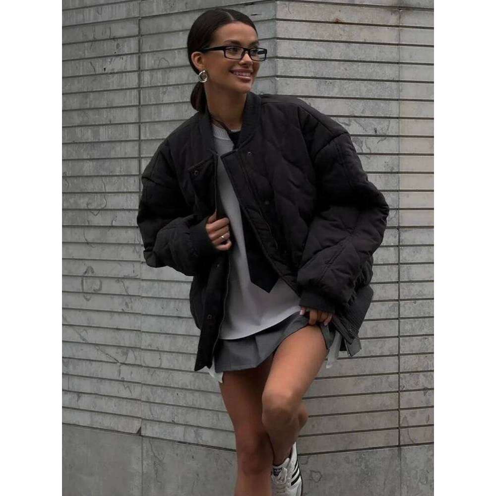 Women Quilted Warm Loose Bomber Jacket Stand Collar Solid Vintage Zip Button Pocket Spliced Outerwear Winter Chic Coat