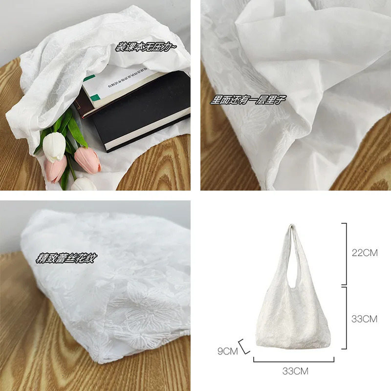 Lace Flowers Women Shoulder Bag Thin Polyester Ladies Shopping Handbags Solid Color Girs Book Bags Casual Female Travel Tote 250527