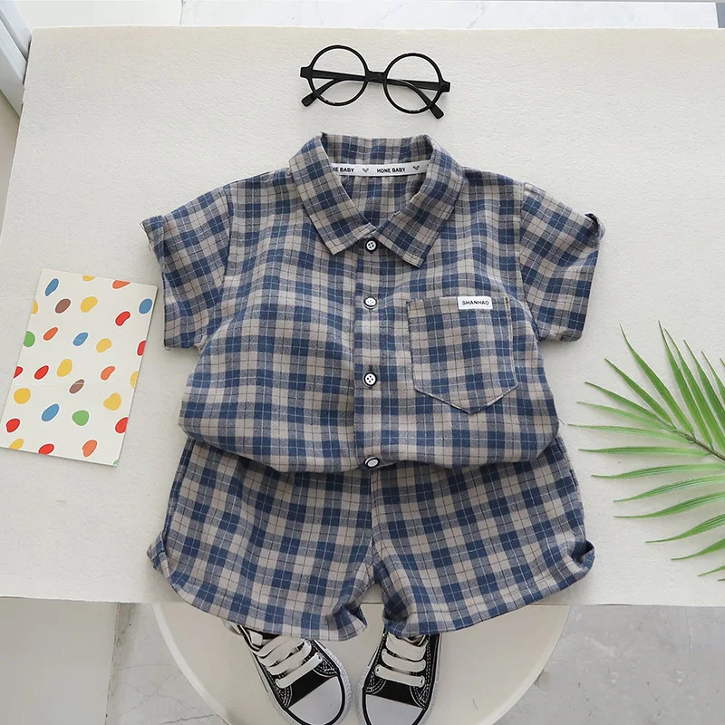 Kids Clothes Baby BoyGirl Plaid TShirt Shorts Set Summer Clothing Fashion Casual Boys Tracksuit Children Set 250528