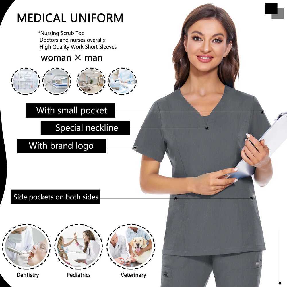 V-neck Short Slved Top Fashion Nurse Uniform Dentist Veterinary Work Uniform Unisex Healthcare Nurse Clothing Scrun Women Mens X250528
