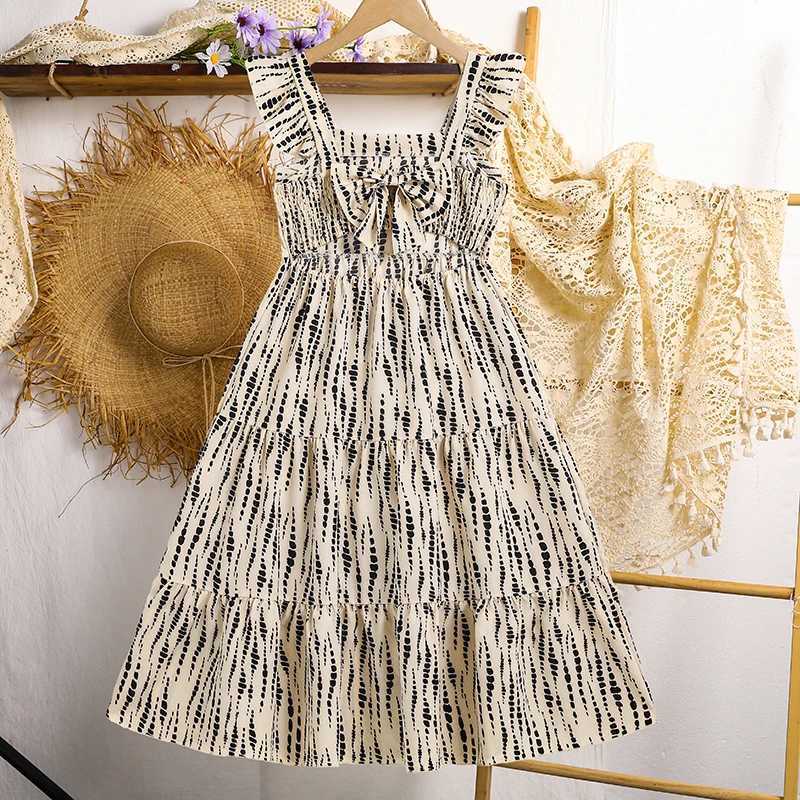 2025 New Summer Kids Clothing Beige Striped Square Neck Wing-Sleeve A-Line Dress For Girls Korean Style Daily Casual Set X250528