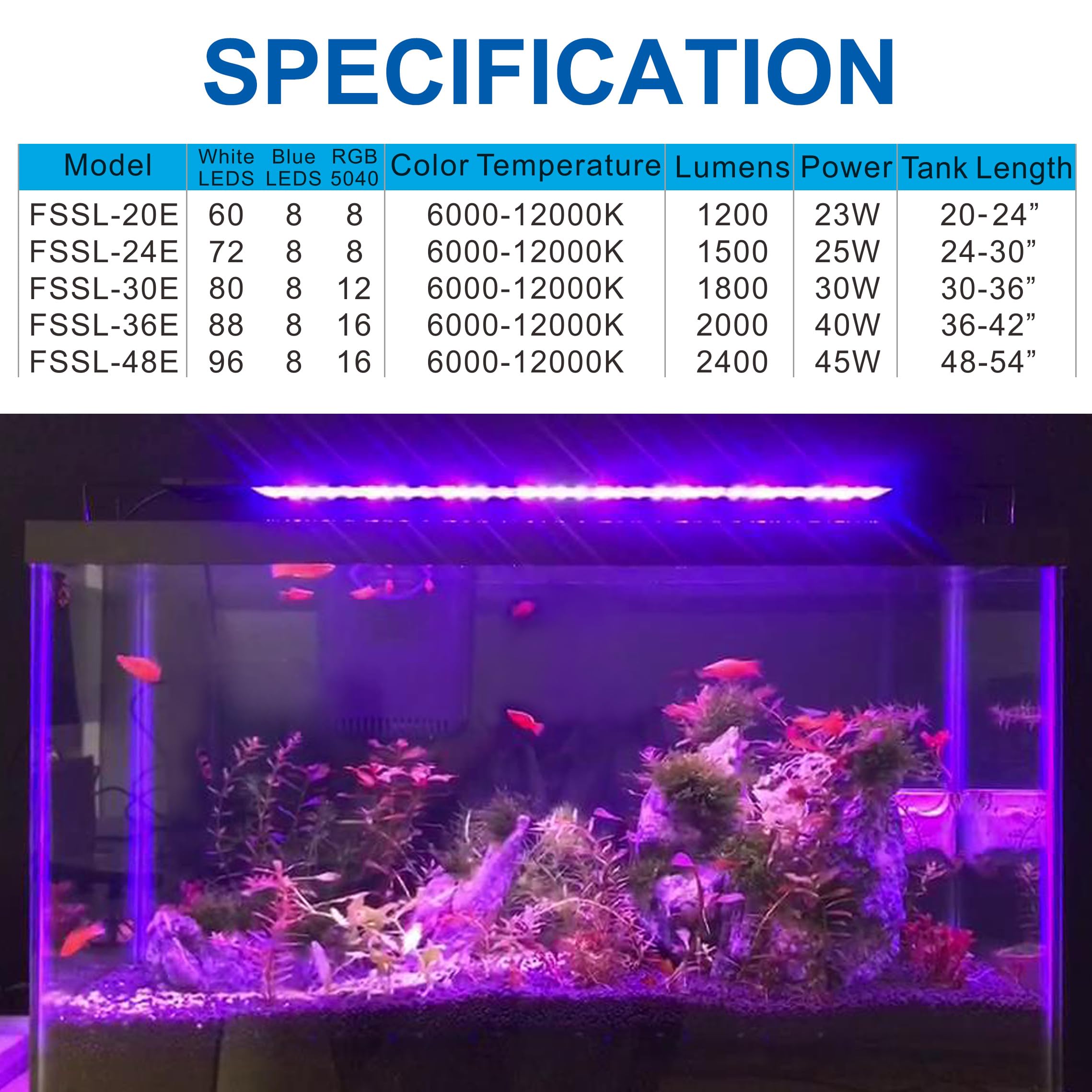 Aquarium LED Light 24"-32" with Timer, 24/7 Cycle, 5 Dimmable Brightness, Sunrise/Sunset Simulation for 10/20/30/55 Gallon Fish Tank