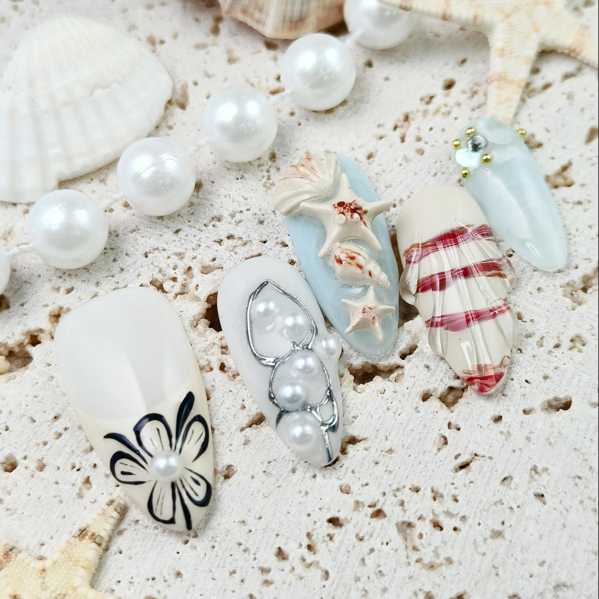 10pcs Ocean series Handmade Press-on nails Medium Almond Nails Bundle 3D Hand drawn Shell Pearl Finished nail stickers Free storage box jelly glue and
