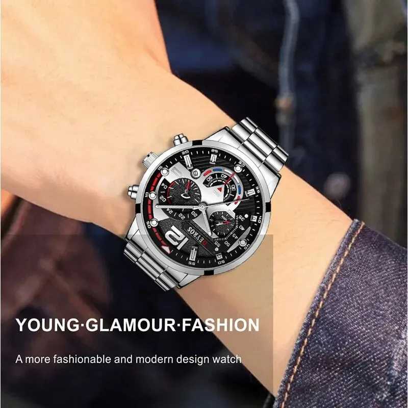 2pcs Luxury Mens Silver Quartz Watch With Stainless Steel Bracelet Men Fashion Business Casual Watch Luminous Clock XJ250527