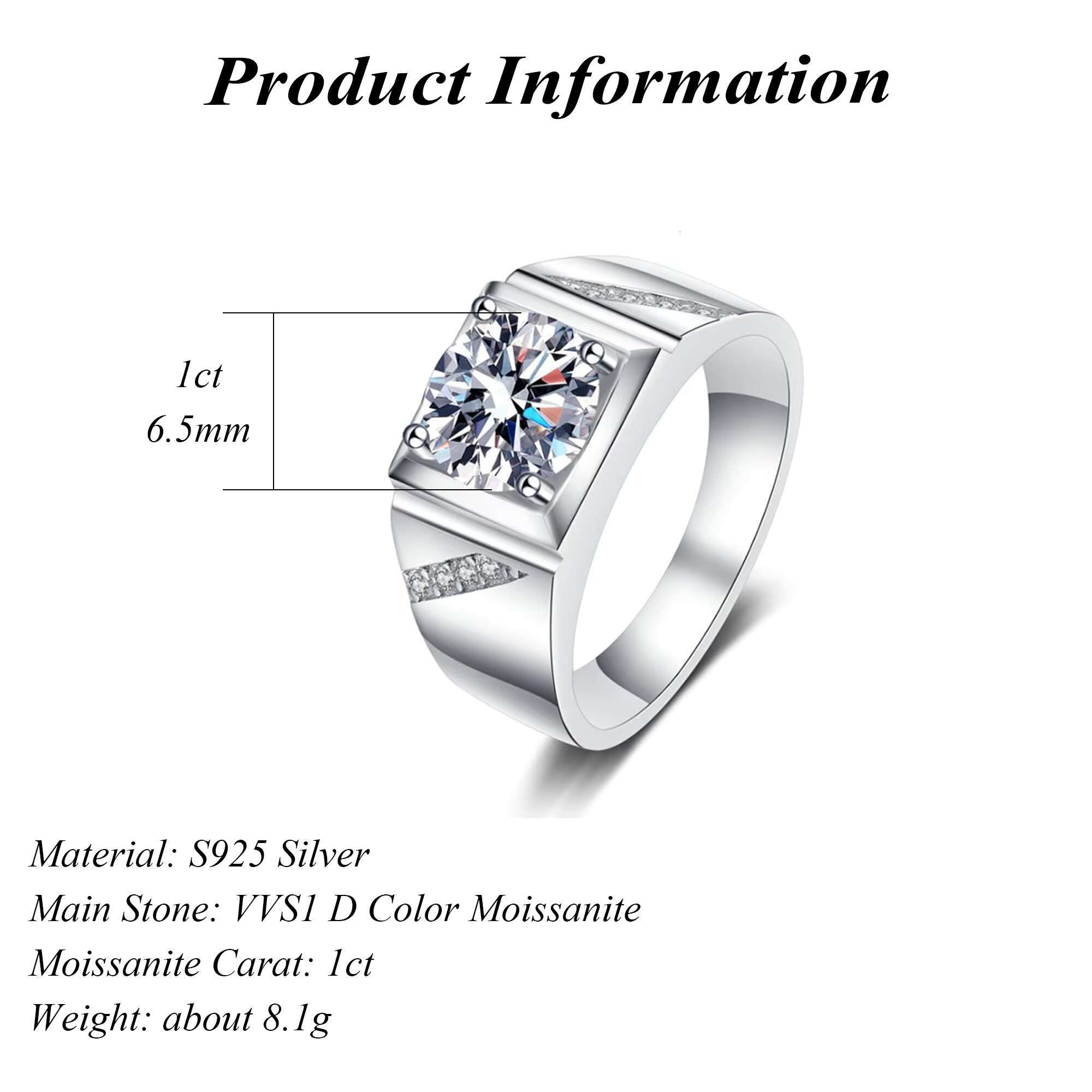 1ct Simple Design Silver Rings for Men 925 Moissanite Men Ring with DEF VVS1 with GRA Certificate Pass Diamond Tester
