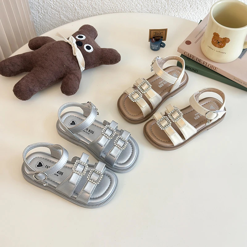 Girls Rhinestone Buckle Sandals Gold/Silver Soft Leather Summer Shoes for Toddlers 3-8 250528