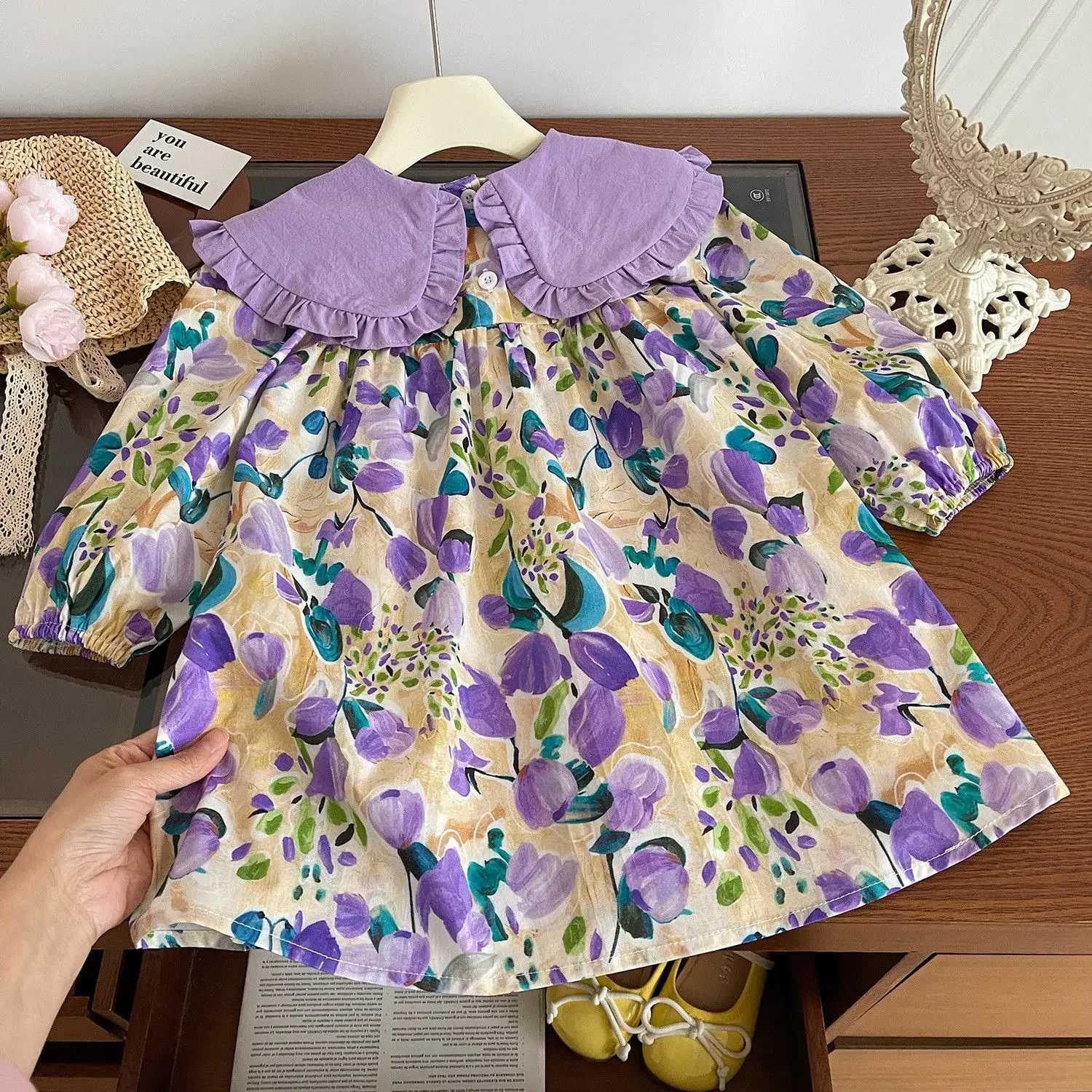 Girls Casual Dresses Purple Flower Print Lace Lapel Puff Sleeves and Long Sleeves Flower Party Dress for Kids Girl 2 To 7 Years X250528