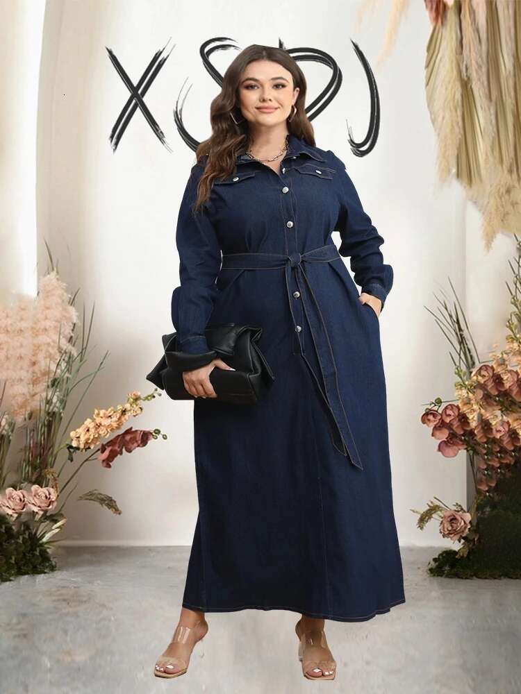 Long Denim Dress Sleeves Winter Plus Size Dress Women Elegant Luxury Cardigan Casual Denim Dress Wholesale Dropshipping