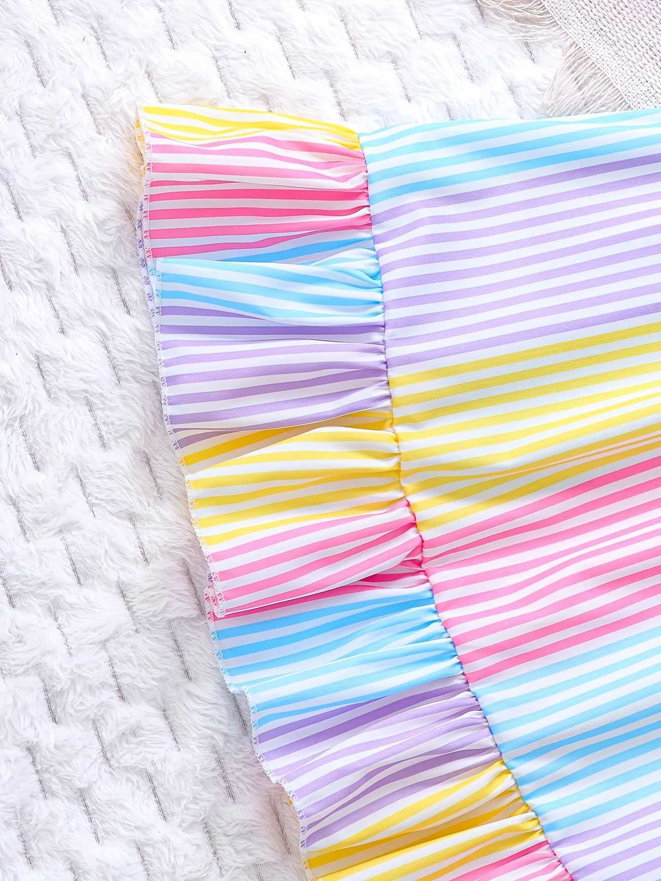 Girls Summer Colorful Striped Ruffle Hem Dress Childrens Summer Vacation Beach Play Suspender Dress X250528