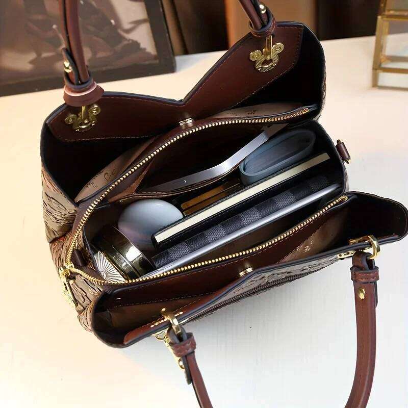 Vintage Flower Pattern Handbag, PU Leather Tote Bag, Fashion Crossbody Bag For Women