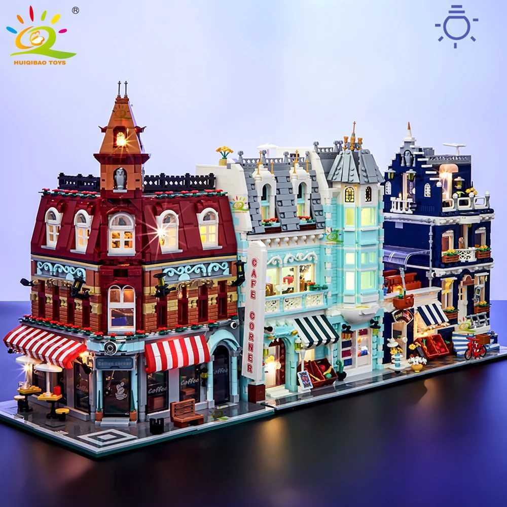 HUIQIBAO Toys MOC Ci Corner Coffee Shop Architecture Sle Street View Micro Building Blocks for Children Construction Bricks Z250528