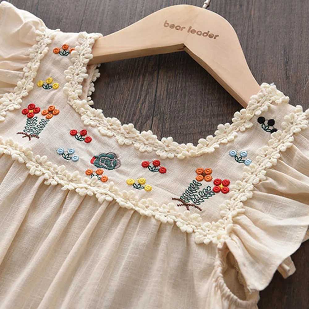 Bear Leader Girls Flower Embroidered Dress Summer Retro Flying Sleeve Princess Dresses Children Casual Clothes Fashion 2-6 Years X250528