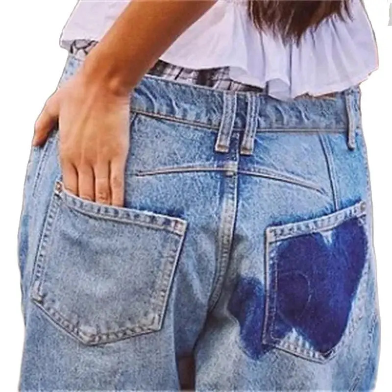 2024 Fashion Love Print Decoration Denim Pant Loose Straight Jeans Female Casual Midi Waist Trousers Trend Streetwear 250516Z