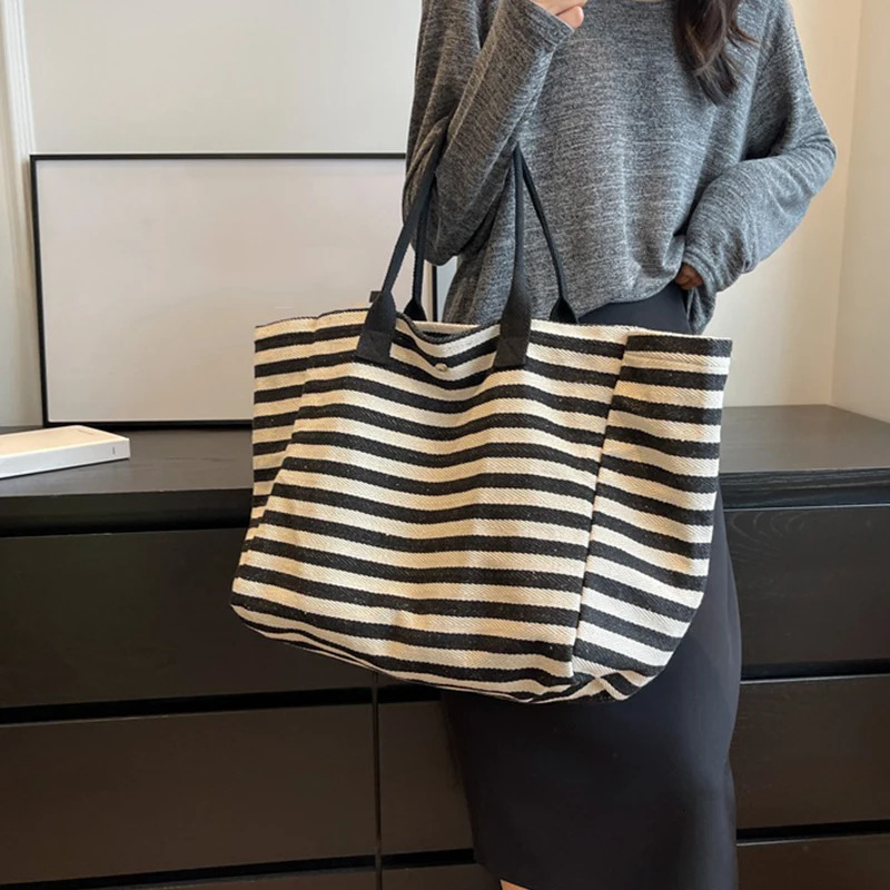 Women Canvas Shoulder Bag Ladies Shopping Bags High Quality Handbags Simple Stripe Tote Books Bag For Girls 250526
