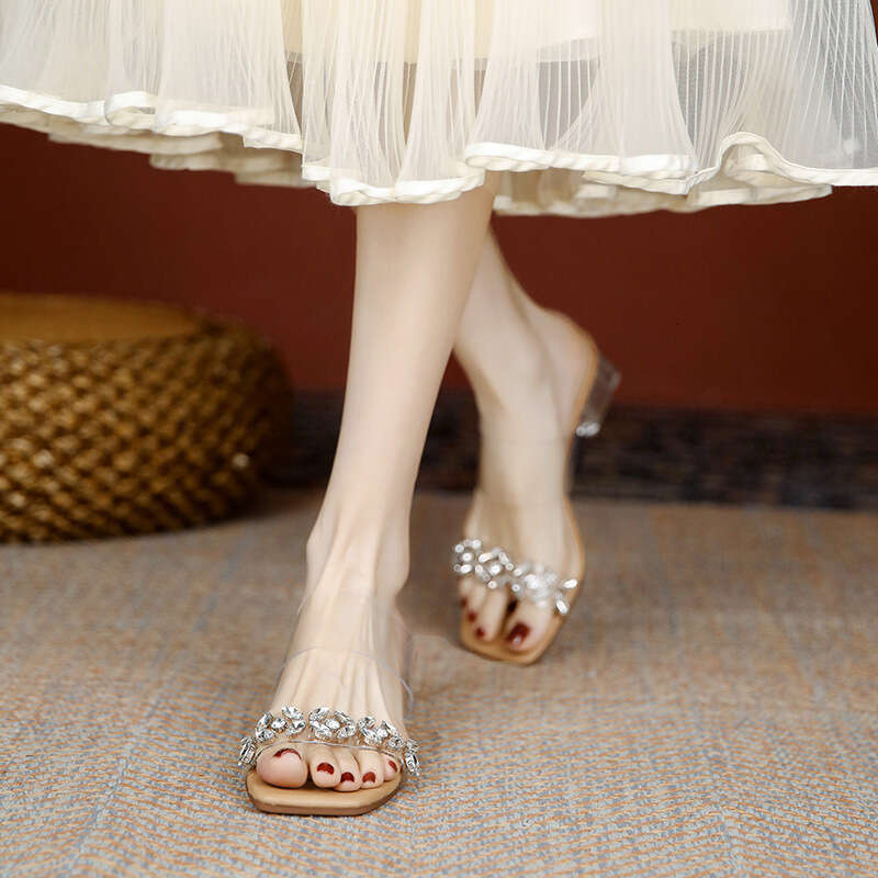 Women's Sandals 2025 Summer New Trendy Outdoor Transparent Rhinestone Elegant Fairy One-Strap High Chunky Heels