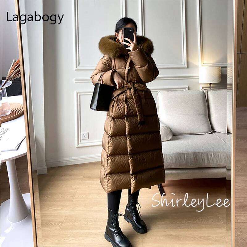 Lagabogy 2025 Winter Women 90% White Duck Down Jackets Ultra Light Warm Long Parkas Real Fox Fur Collar Female Hooded Snow Coats