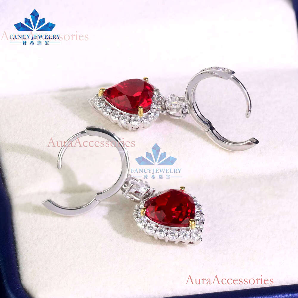 Fine Jewelry Real White Gold Heart Shape Drop Earrings with 8x8mm Ruby for Weddings