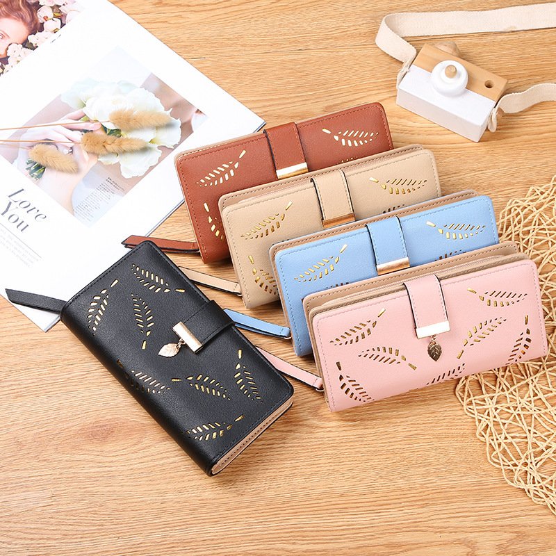 Free Shipping Designer Wallet 2025 New Women's Hollow Leaf Handbag Leather Korean Zipper Card Bag Long Phone Bag