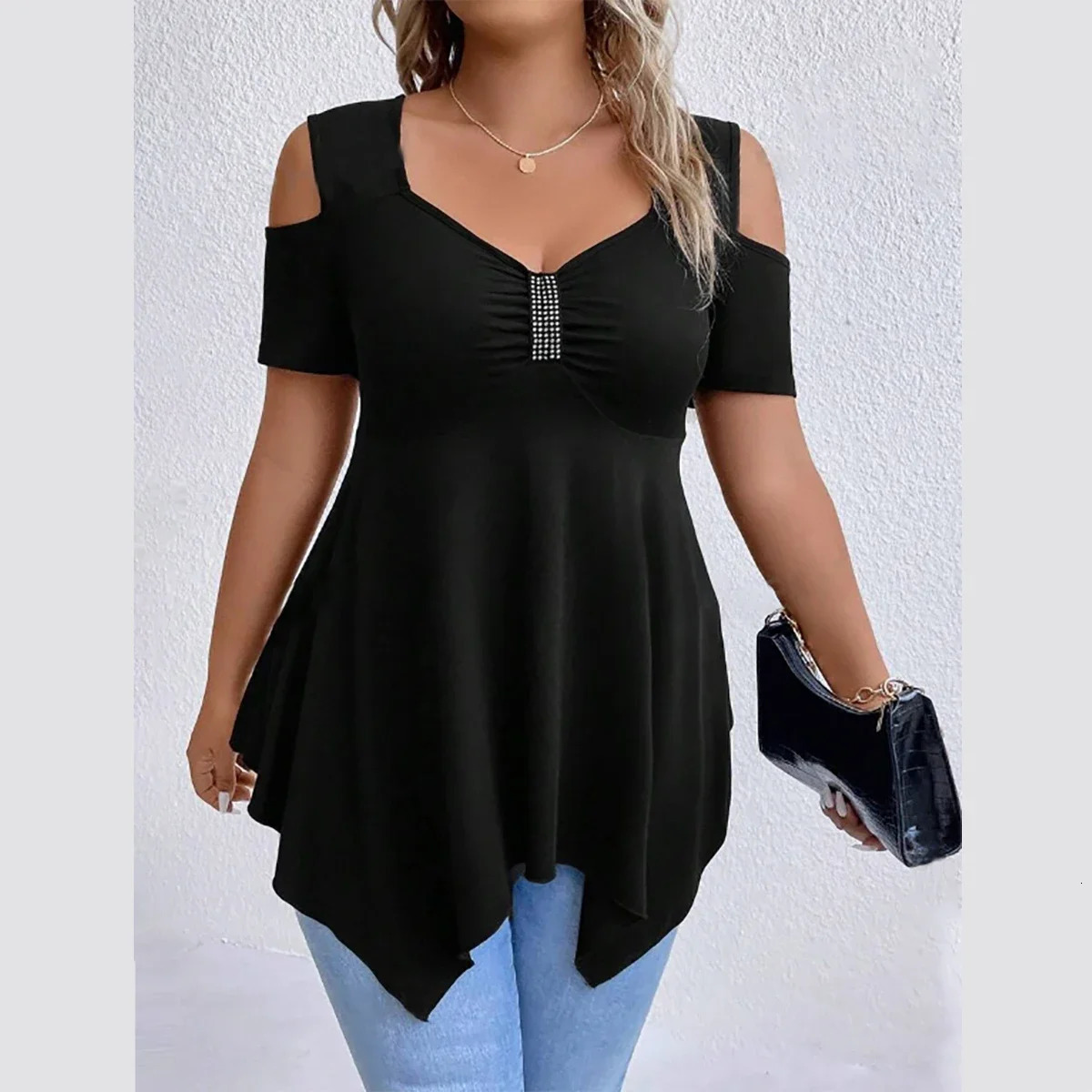 Womens Plus Size Sexy OffShoulder Blouse Solid Ruched Short Sleeves Pullovers Irregular Hem Female Summer Casual Shirts 250519