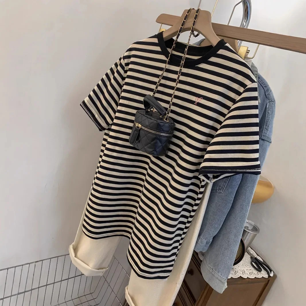 Plus Size 300 Pounds Color Block Striped Short Sleeve TShirt Women Summer Loose round Neck Korean Style Casual Versatile Top 250519