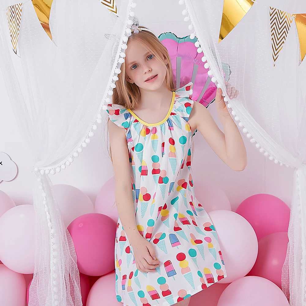 DXTON Girls Summer Dress Kids Flare Sleeve Ice Cream Print Cartoon Dresses Kids Casual Cotton Vestidos Kids Costumes Clothes X250528