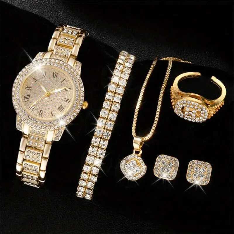 6PCS Women Watch Luxury Elegant Alloy Watch Crystal Wristwatch For Ladies Gift Quartz Watch Alloy Rhinestone Bracelet Watch XJ250527