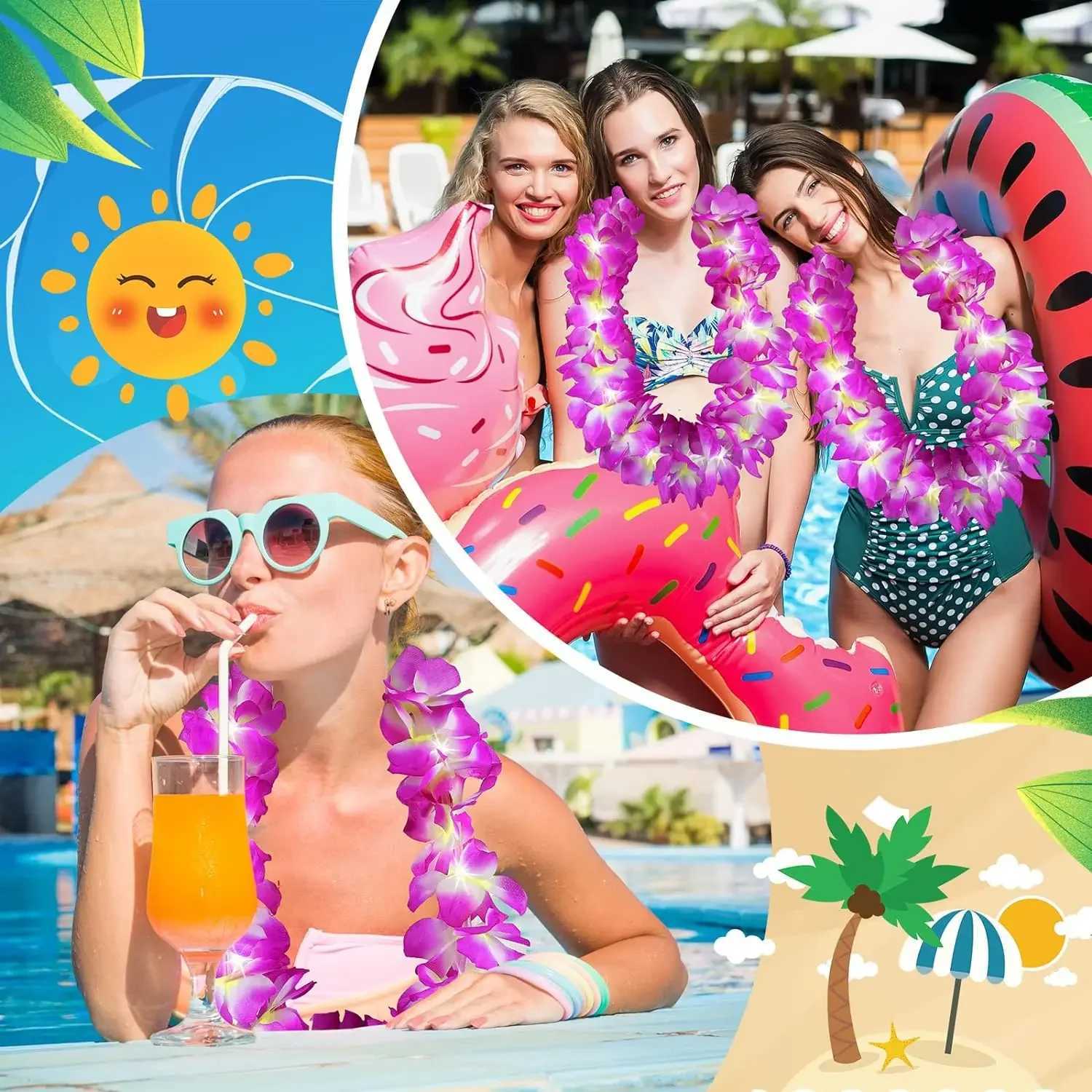 16-40Pcs Light up Hawaiian Leis LED Light up Flower Leis Necklace Leis for Beach Tropical Carnival Party Supplies Wedding Gifts W250528