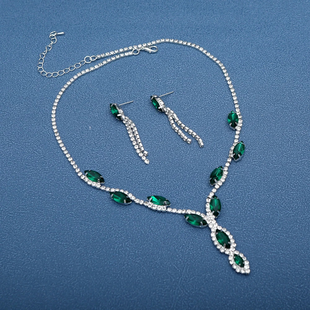 3pcs Elegant Green Crystal Jewelry Sets for Women Crystal Rhinestones Necklace Earrings Bridal Wedding Party Jewelry Sets 250526