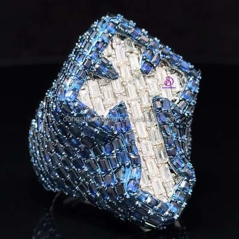 Luxury Custom Jewelry Hip Hop Vvs Moissanite Diamond Ring Bling Iced Out Hip Hop 925 Silver Moissanite Blue Ring for Mens