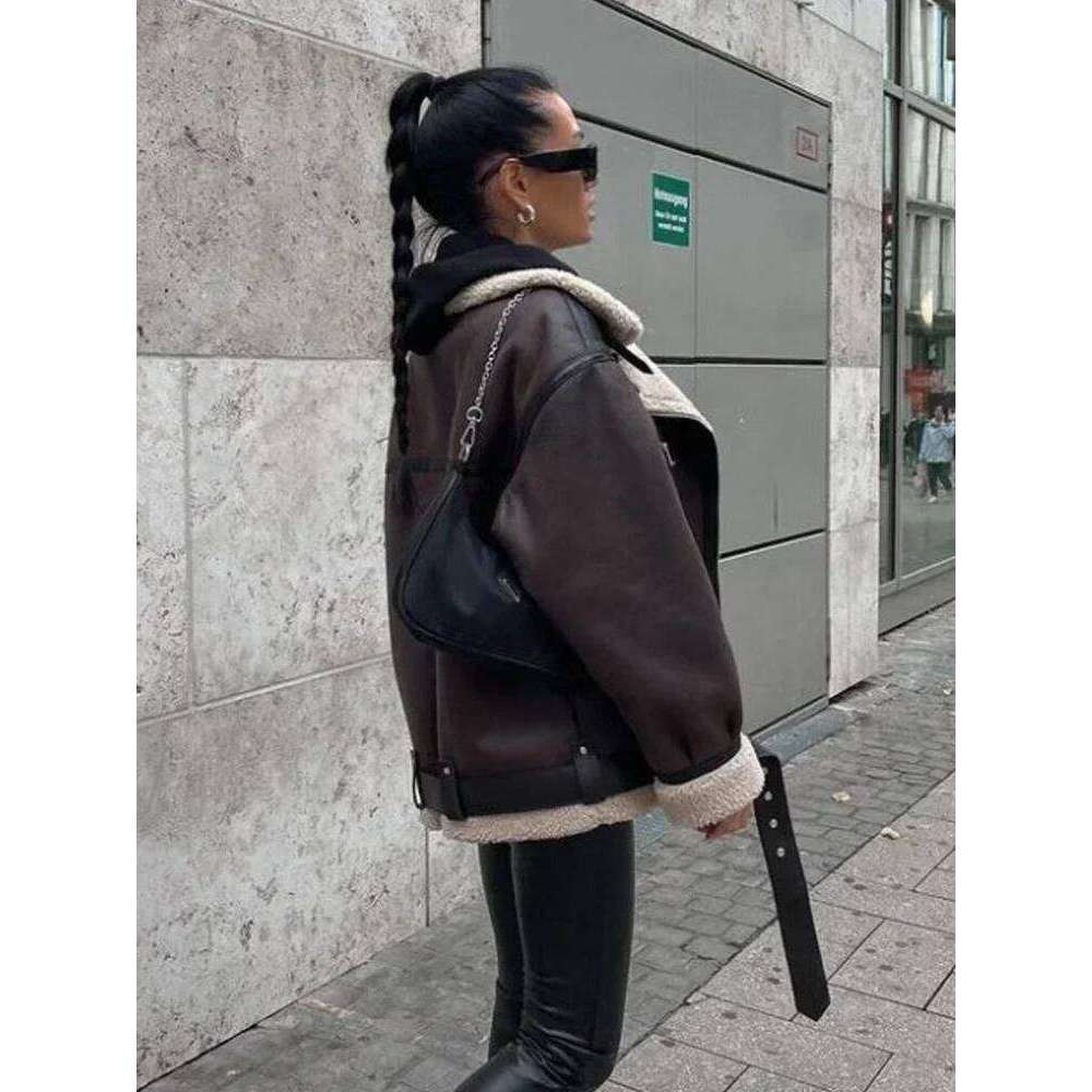 Suninheart Fashion Winter Warm Faux Fur Jacket Women Long Sleeve Moto Biker Zipper Jackets Coat Female Autumn Casual Lapel coat