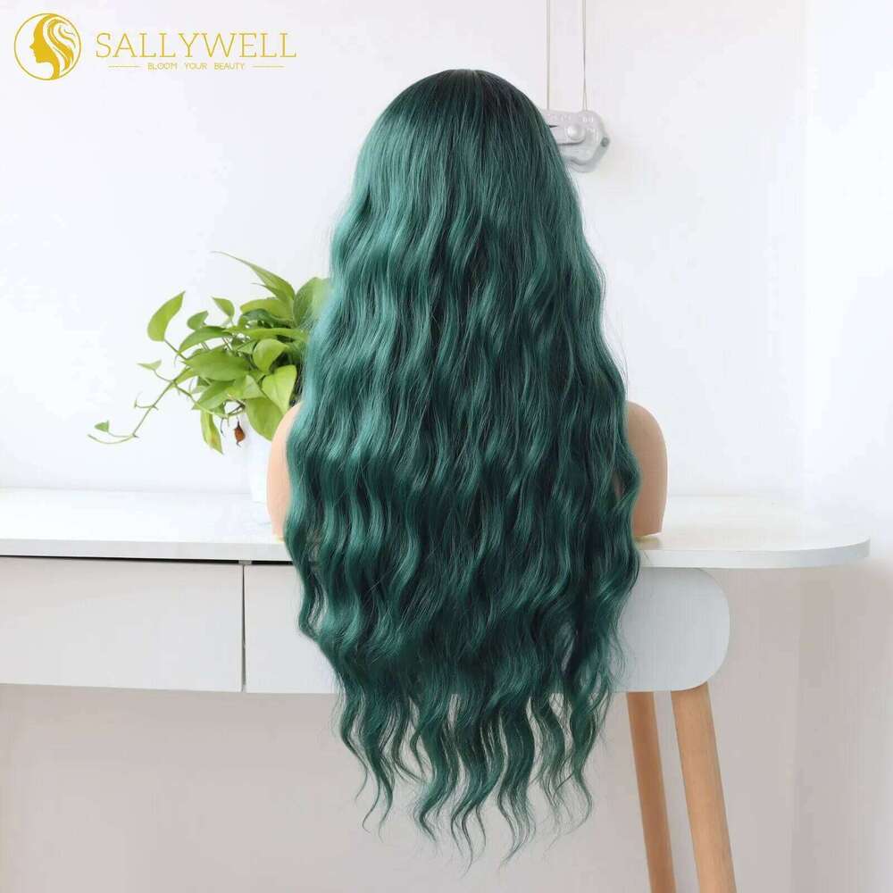 Long Wavy With Bangs Heat Resistant Synthetic Fiber Ombre Green Dark Roots Loose Curly Wave Wig