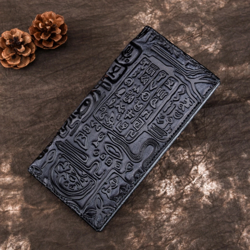Free Shipping Leather Long Designer Wallet New Retro Oracle Bone Script Hand-held Bag Leather Top Layer European And American Fashion Card Bag Phone B