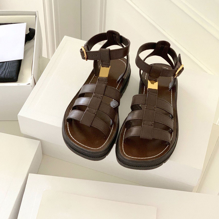 top quality Classic brown Platform Gladiator sandals Slides Buckle ankle-strap flats Beach shoes real leather luxury designers sandals Vacation shoes factory