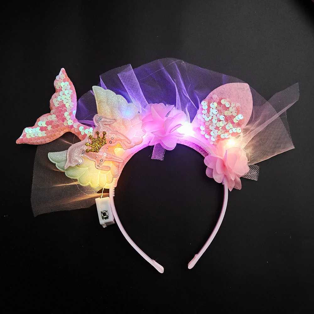 1/10/20 PCSLED Light Up Mermaid Tail Headband for Girls Glitter Sequin Hairband with Tulle and Crown for Party Birthday and W250528