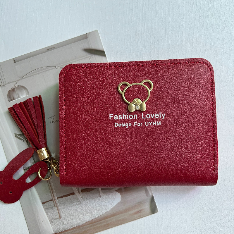 Free Shipping Designer Wallet New Women's Wallet Short Cartoon Cute Bear Tassel Student Coin Purse Zipper Bag