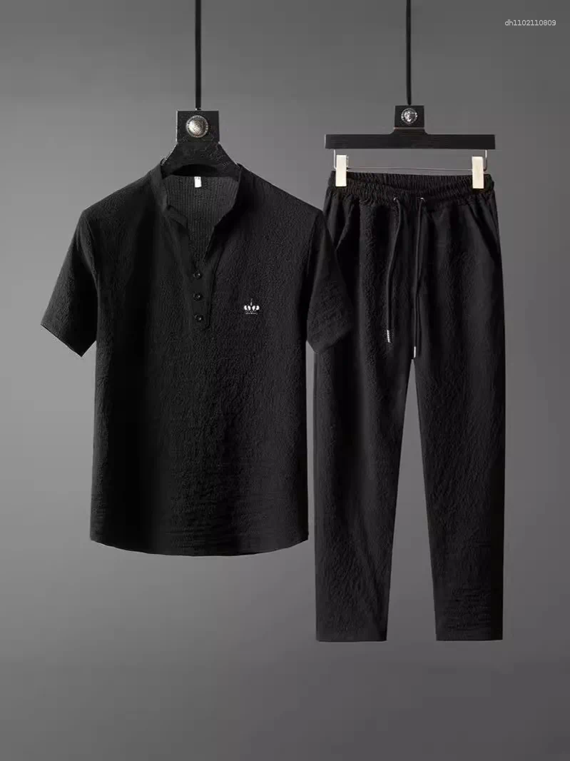 Men's Tracksuits Thin Casual Sports Suit For Men In Summer Chinese Style High-end V-neck Embroidered Slim Short-sleeved Two-piece Set