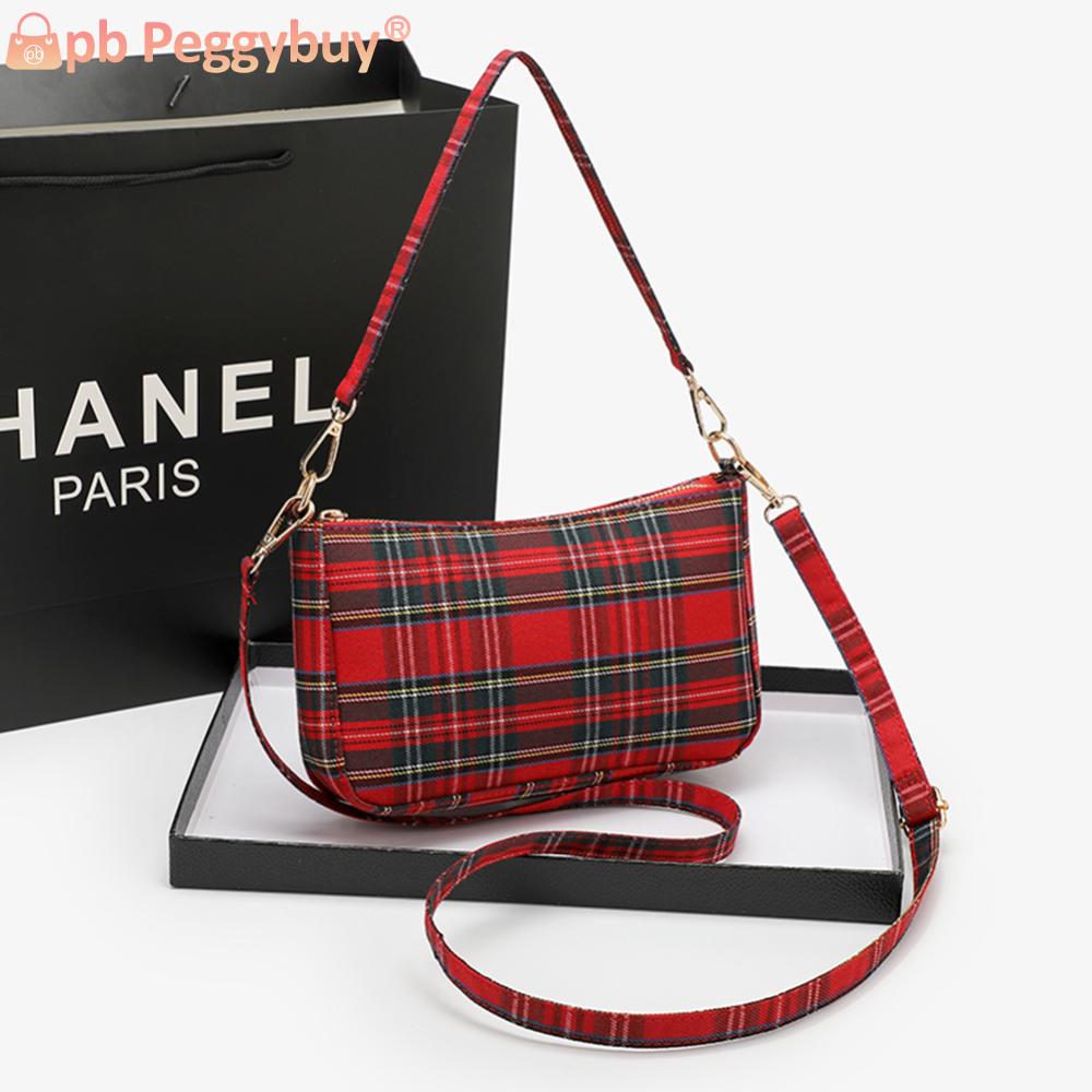 Women Fashion Handbag Large Capacity Tartan Check Striped Crossbody Bag with 2 Straps Canvas Single Shouder Bag Ladies Sling Bag