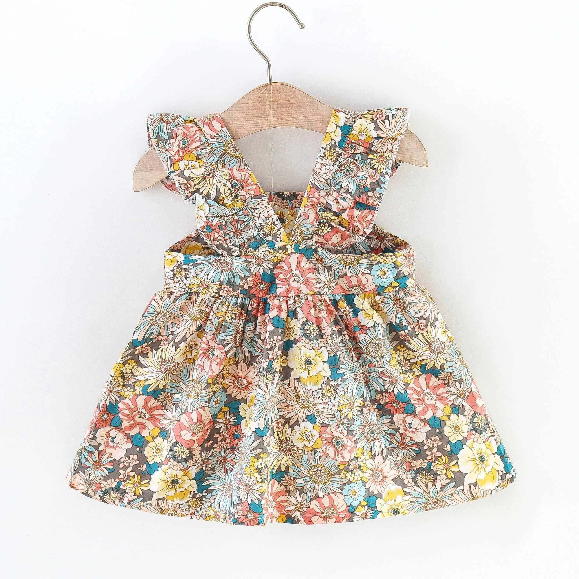 2 Pcs Summer New Baby Girl Dress Fashionable Floral Fly Sleeve Cotton Dress with Crossbody Bag Suitable for Babies Aged 0-3 X250528