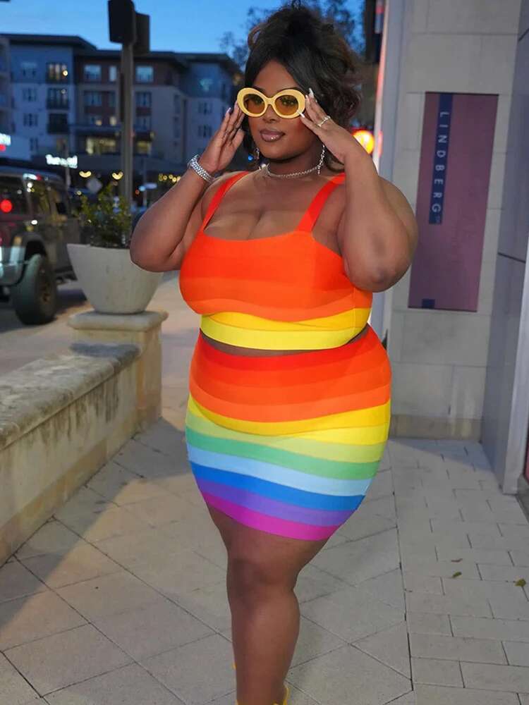 Two Piece Set for Women Summer Strap Crop Top Y2k Skirt Set Rainbow Print Striped Fashion Suits Plus Size Wholesale Dropshipping