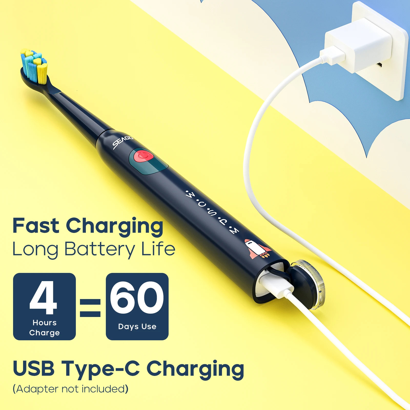 Seago Kids Electric Toothbrush for 6Years 5 Modes Rechargeable IPX7 Waterproof Power Sonic Replacement Head SG2303 250519
