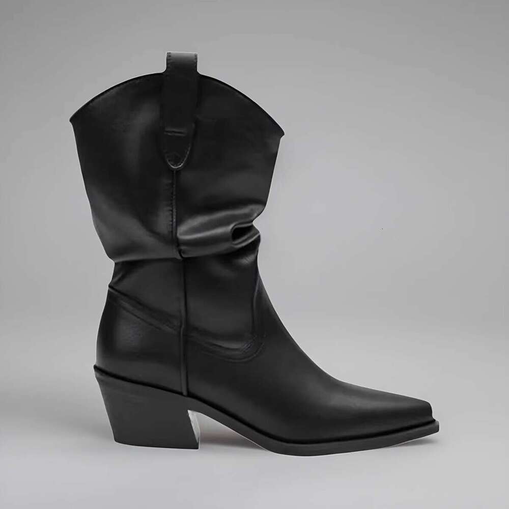 Zhao Lusi Style Slouch Suede Pointed Toe Chunky Heel Western Cowboy 2024 Mid-Calf Martin Women's Short Boots