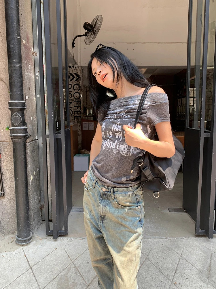 Letter Printing Oblique Shoulder Short Sleeve Tshirt Women Summer American Style Versatile Tops Lady Simple Slim Thin 250517
