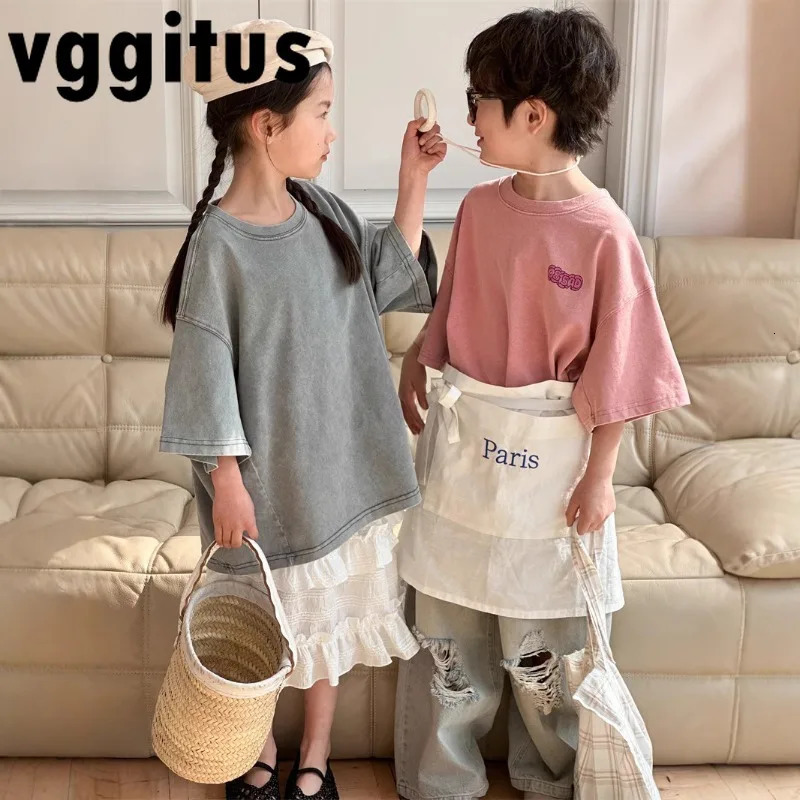 Children Brothers and Sisters Family Matching Outfits Summer Pink Grey Loose Short Sleeve Tshirt Girl Boys Tees H24317 250528