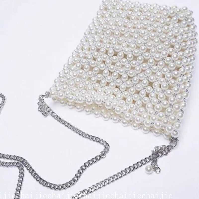 New Womens Bag Trendy Texture White Pearl Bag Beaded Fish Skin Fairy Handheld Cross Shoulder Chain Single Shoulder Bucket Bag