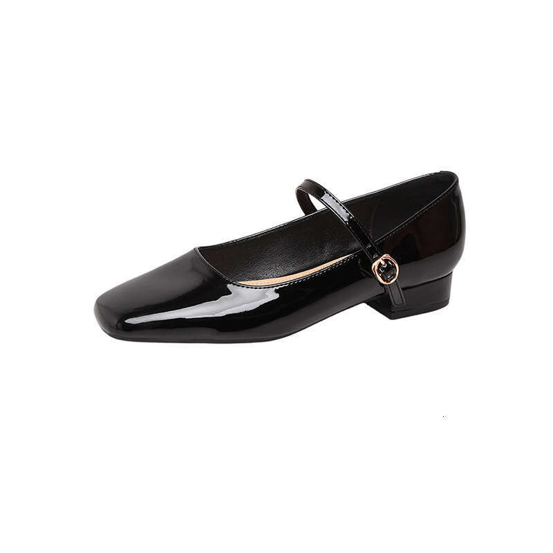 Cowhide Version French Mary Jane for Women, Autumn Square Toe Shallow Mouth Chunky Heel Single Shoes with One-Strap High Heels