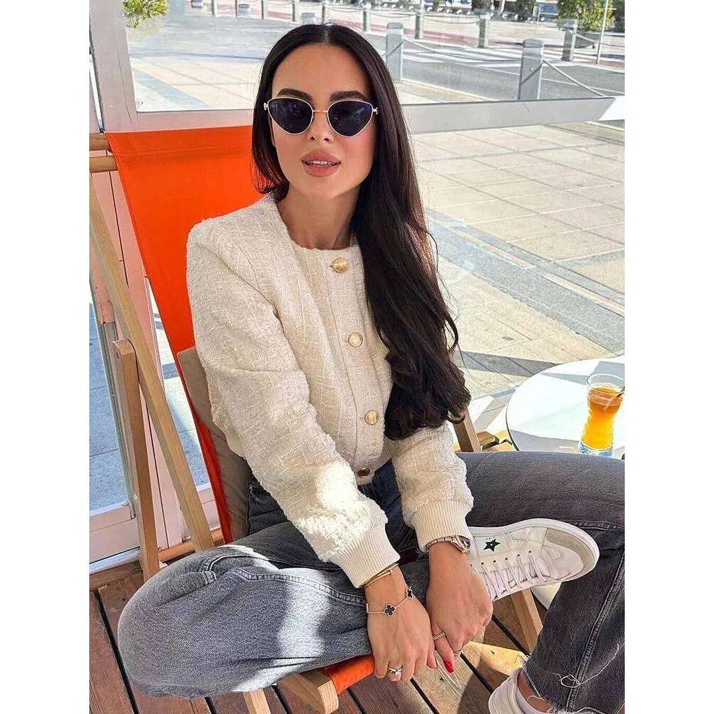 ZBZA Woman Textured Pilot Jacket Long Sleeve Crew Neck Single Breasted Pocket Short Outerwear Fall Winter Female Chic Coat
