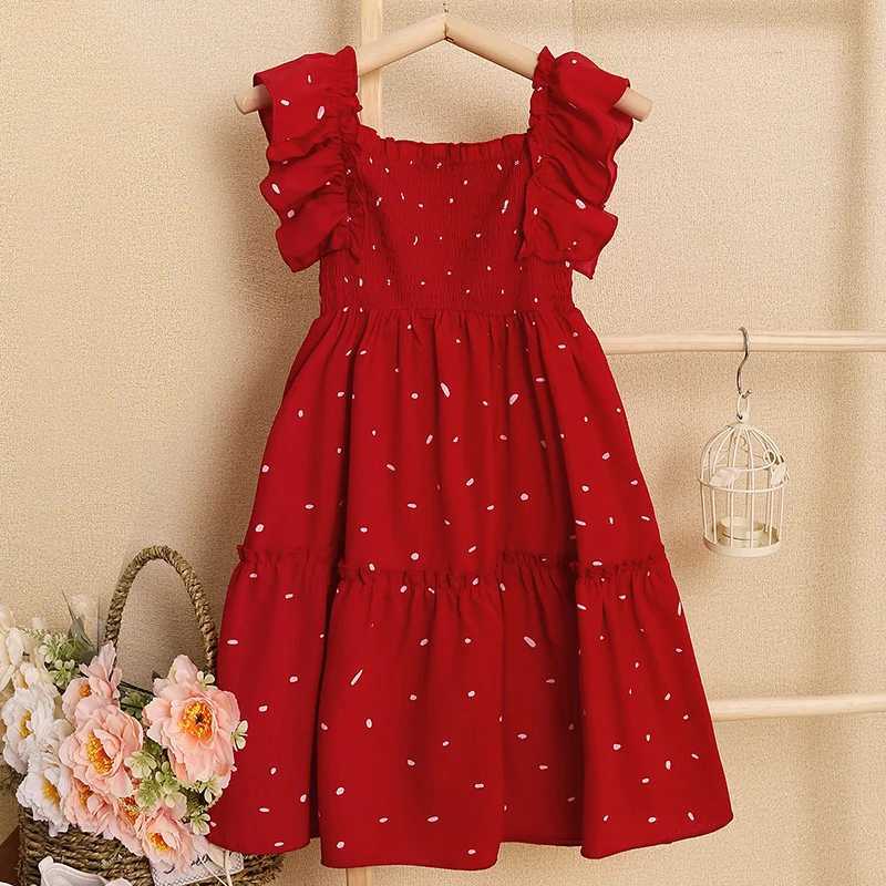 Kids Dresses for Girls 5-12T Red Lace Square Neck Polka Dot Dress New Summer Fashion Baby Princess Wedding Party Gift Costume X250528
