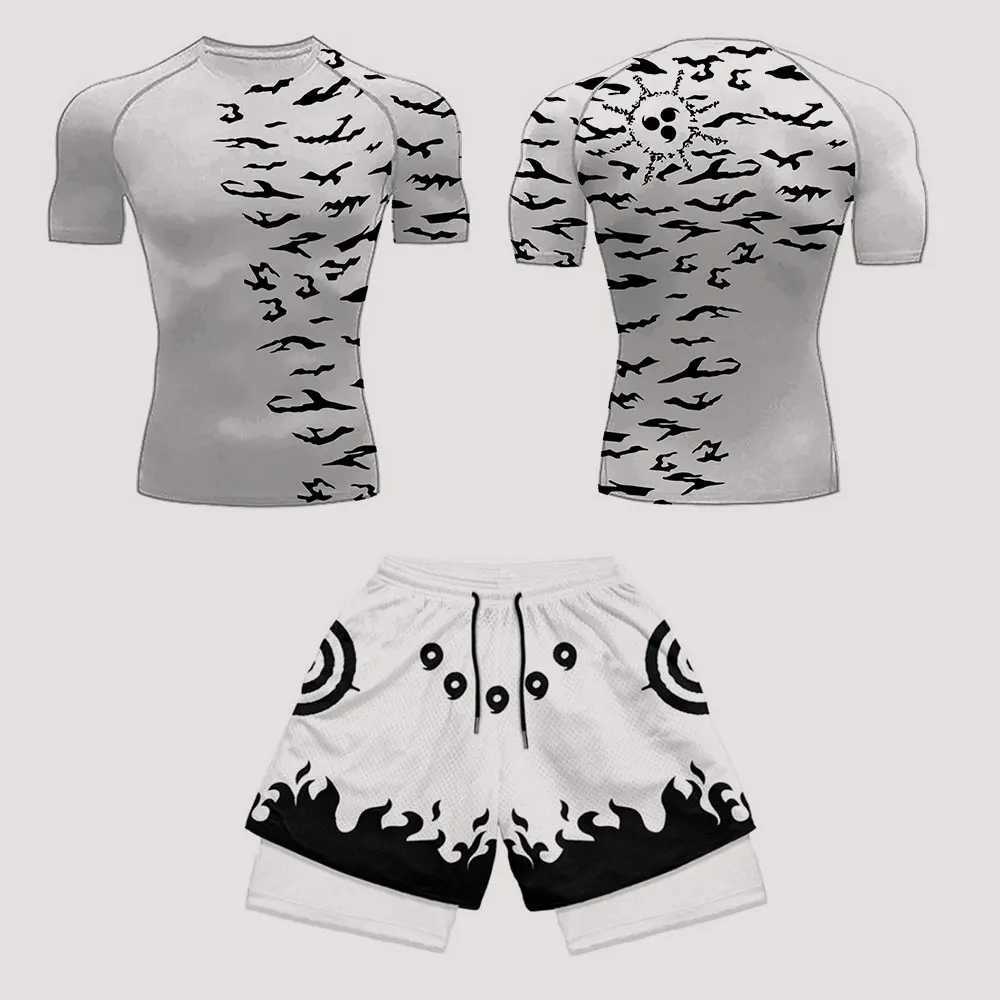 Mens Tracksuit Two Pieces Sets Anime Print Sport Suit Joggers T Shirt+shorts Mens breathable Casual Sportswear X250528