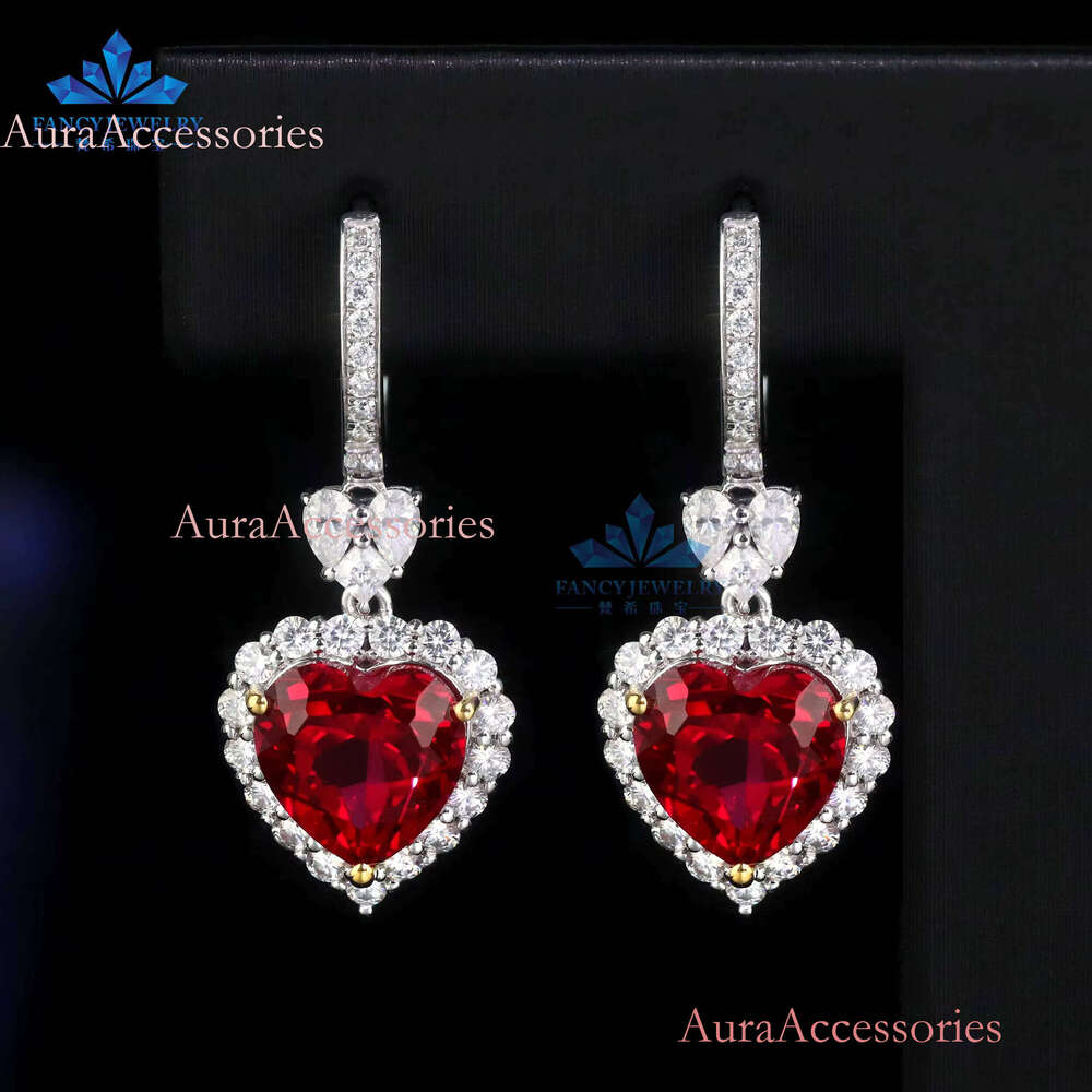 Fine Jewelry Real White Gold Heart Shape Drop Earrings with 8x8mm Ruby for Weddings