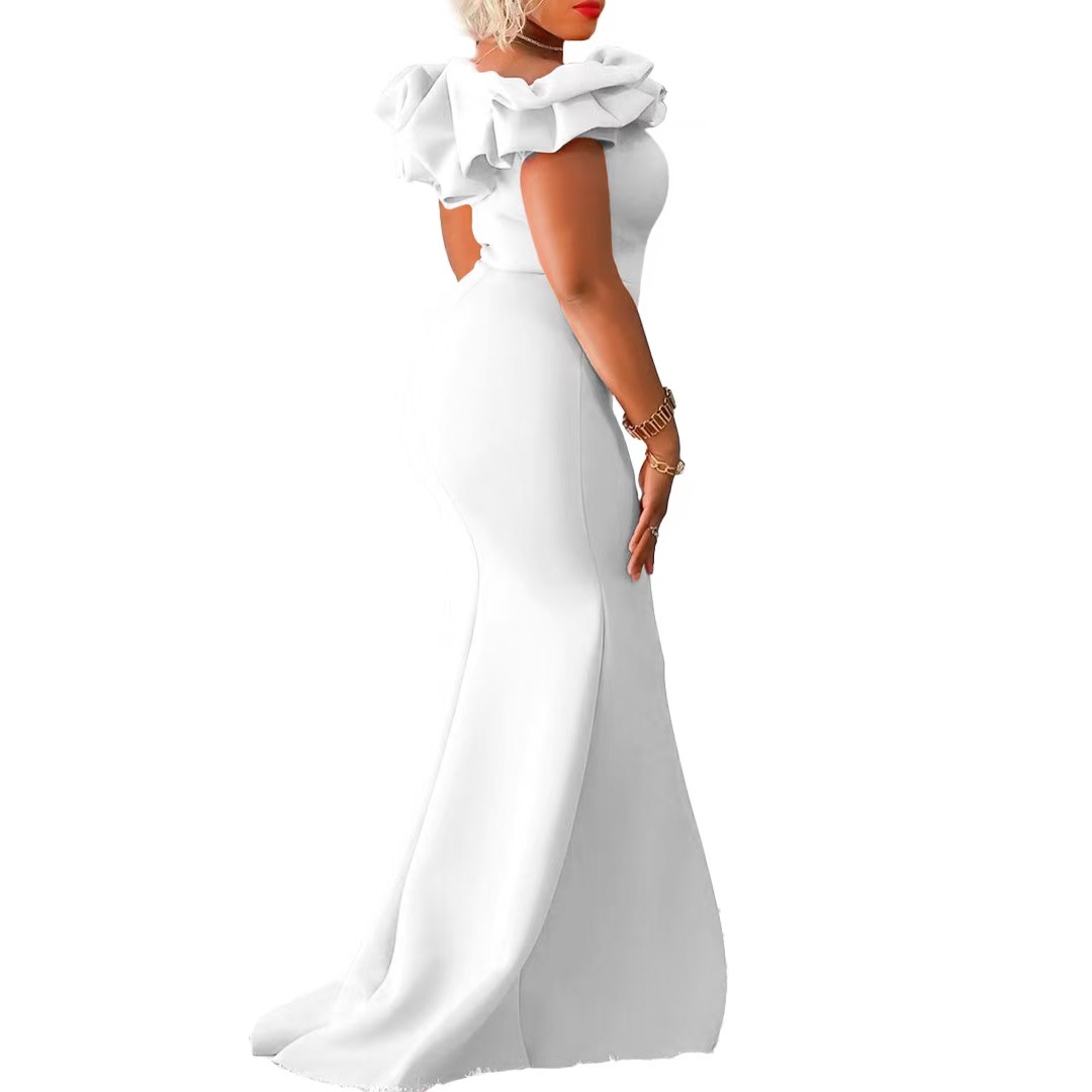 Plus size evening dresses 2025 new solid color long dresses fishtail dresses with ruffle trim slim fit skirts Elegant Evening Gowns for Women